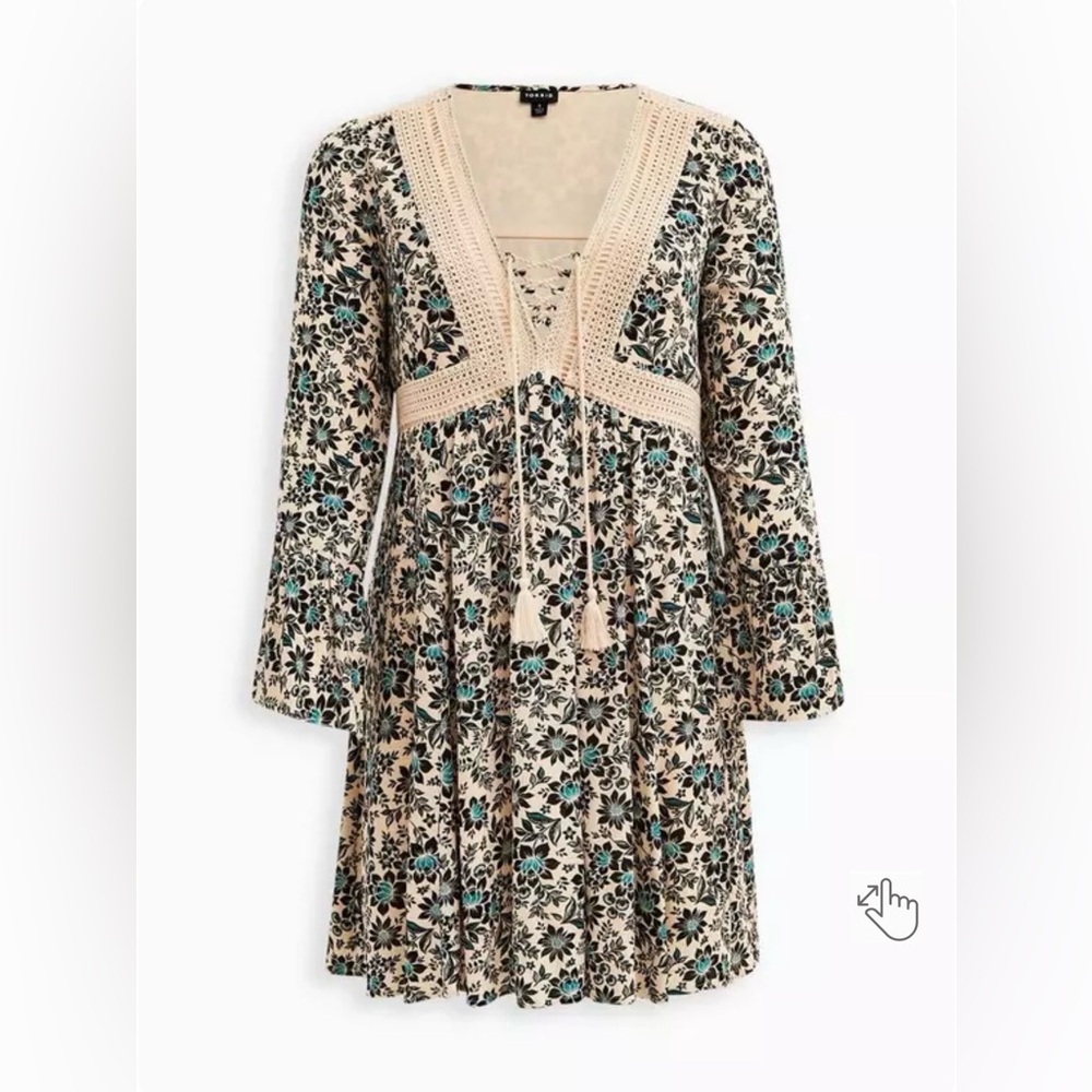 Torrid Floral Lace-Up V-Neck Dress in Cream and Teal size 1 NWT